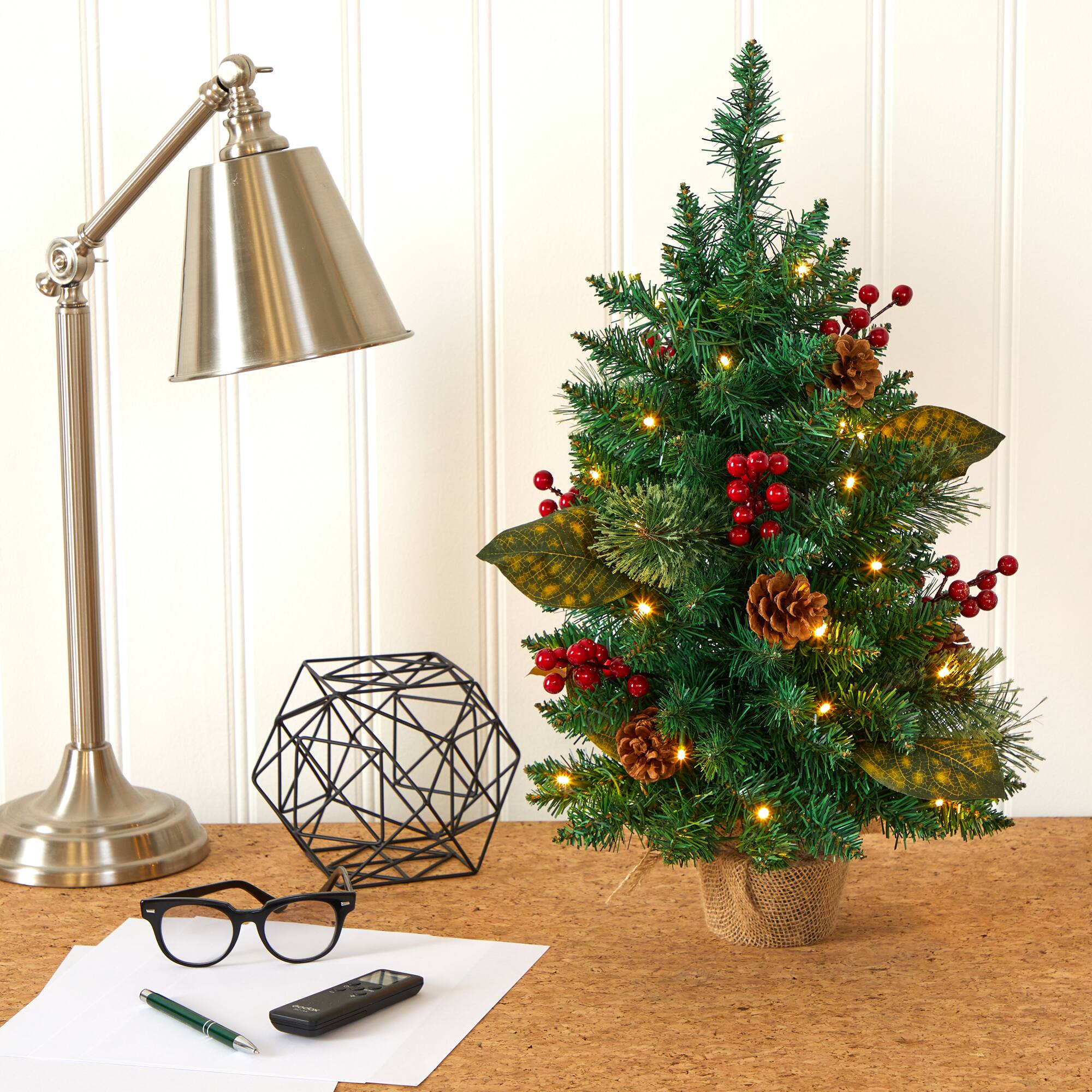 2ft. Pre-Lit Pine Artificial Potted Christmas Tree with Pinecone & Berries, Clear LED Lights